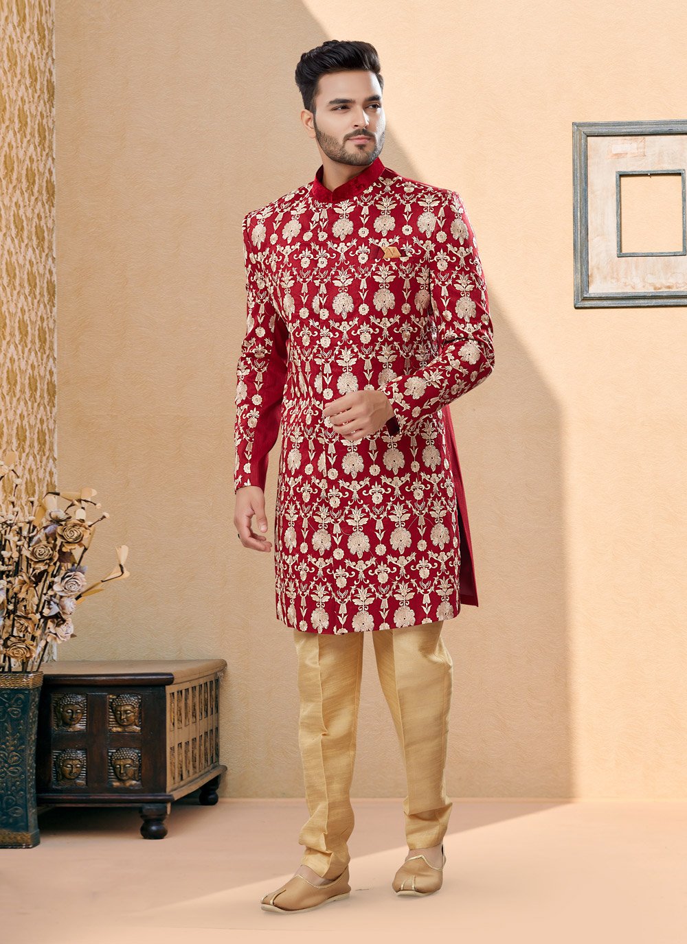 Indo Western Sherwani Velvet Red Machine Embroidery Mens