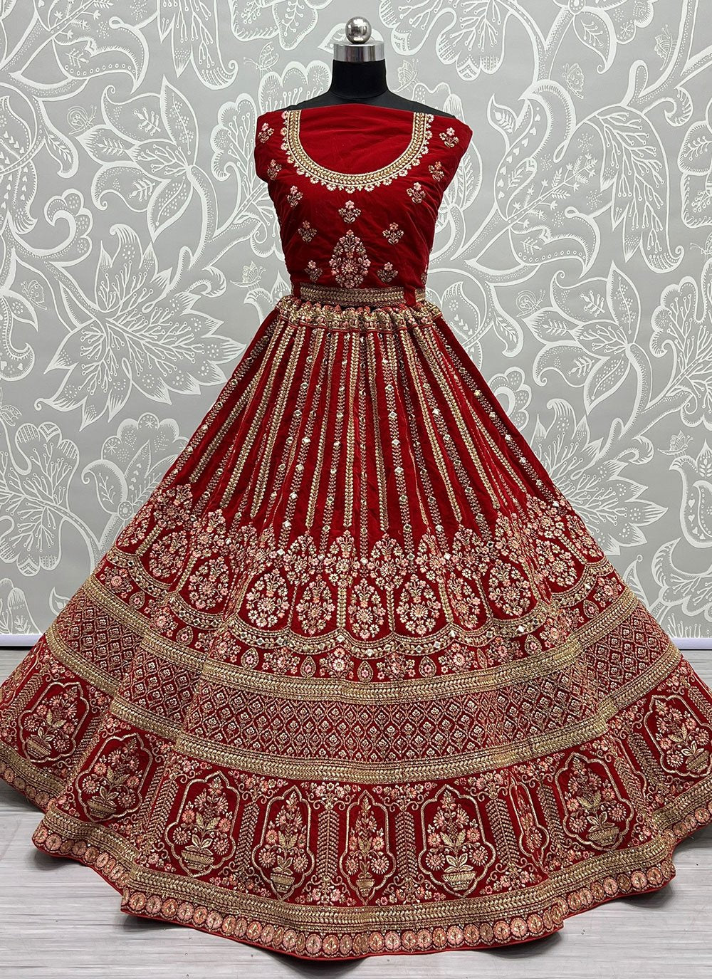 A Line Lehenga Velvet Red Diamond Lehenga Choli