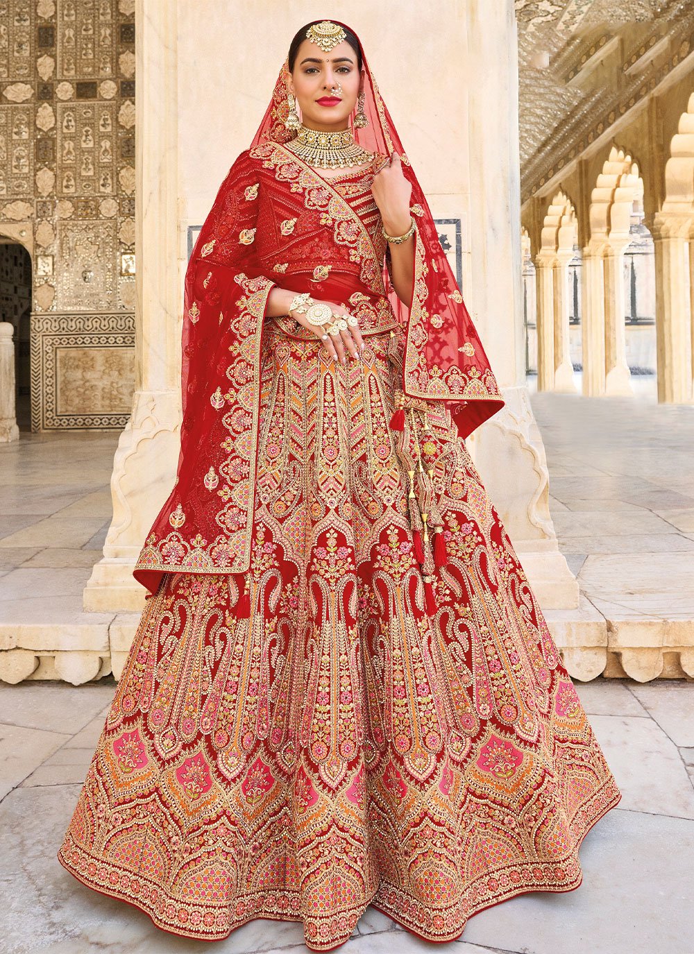 A Line Lehenga Silk Red Embroidered Lehenga Choli