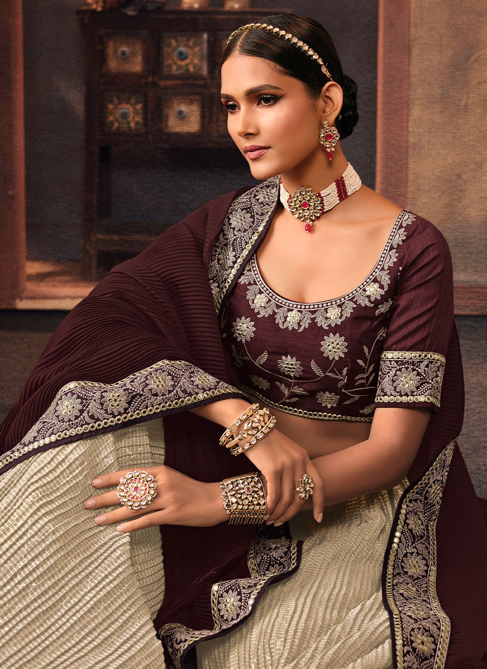 Lehenga Choli Chinon Beige Embroidered Lehenga Choli