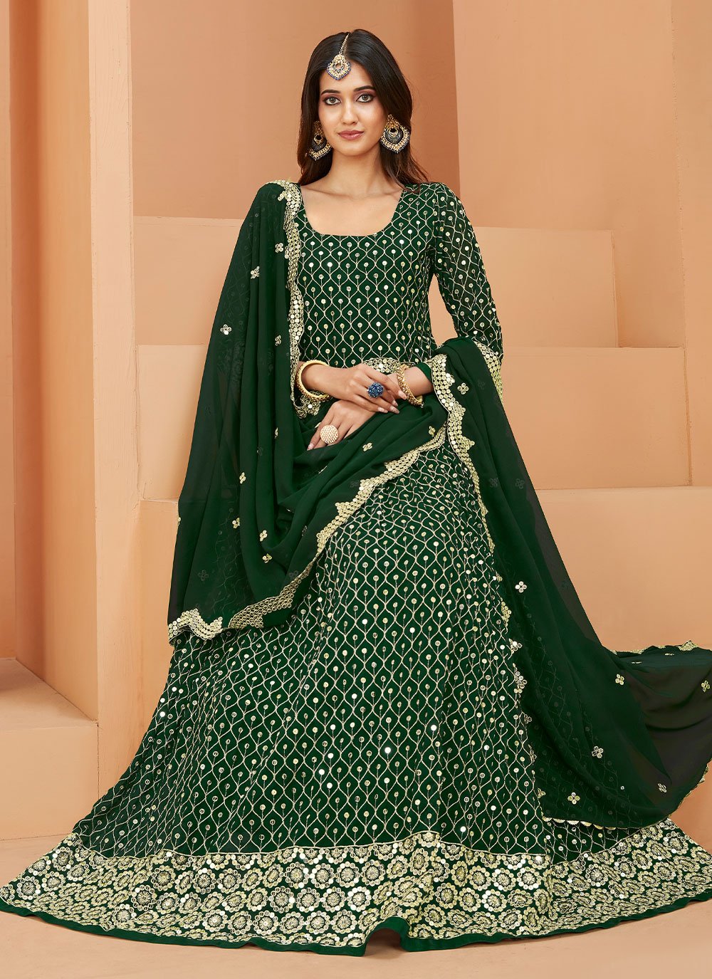 Floor Lenght Salwar Suit Faux Georgette Green Embroidered Salwar Kameez