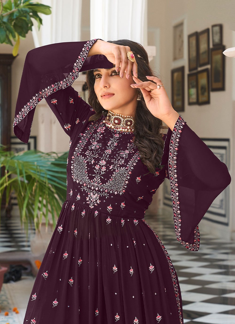 Palazzo Salwar Suit Faux Georgette Purple Embroidered Salwar Kameez