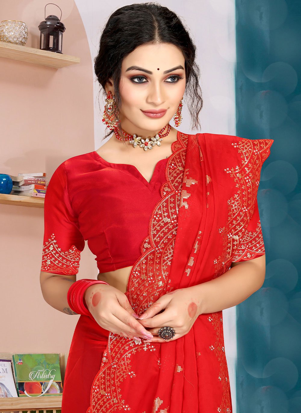 Trendy Saree Organza Silk Red Diamond Saree