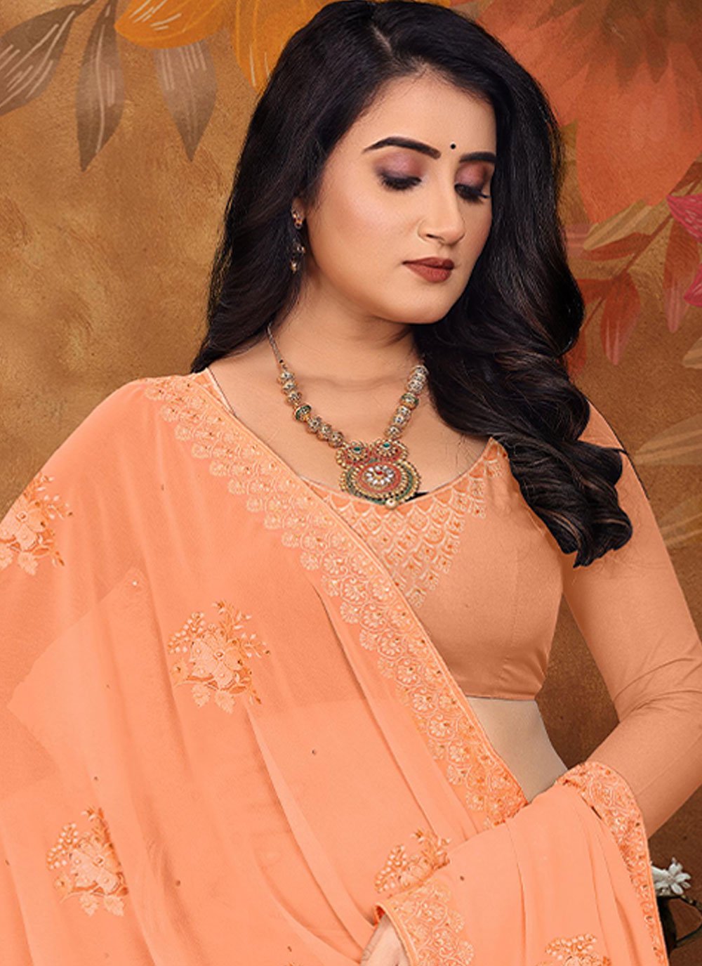 Trendy Saree Georgette Peach Embroidered Saree