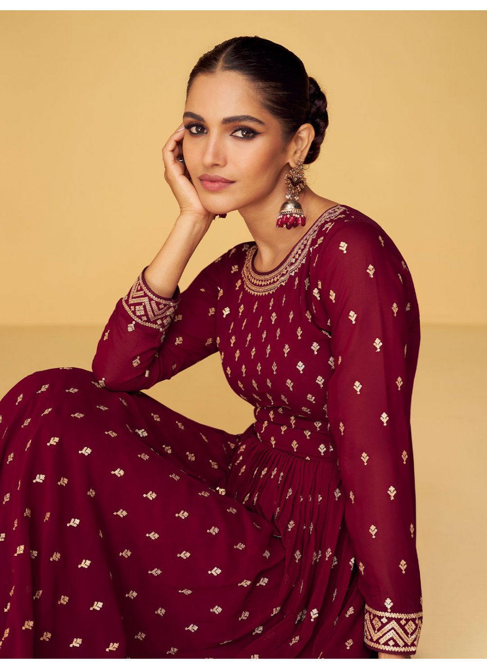 Salwar Suit Georgette Wine Embroidered Salwar Kameez