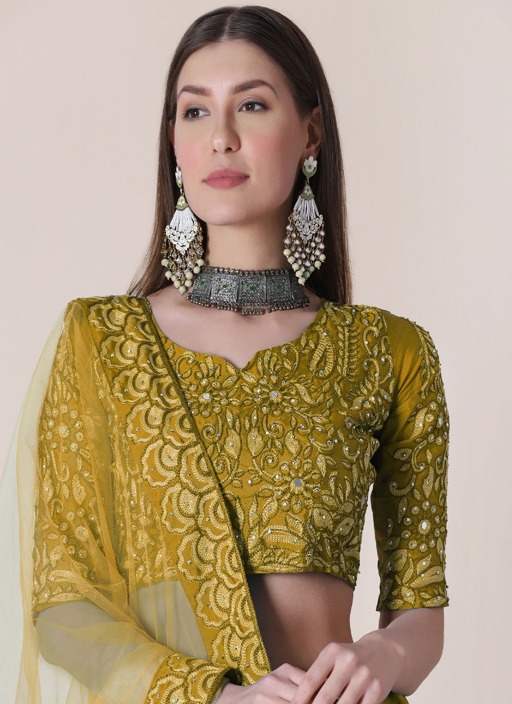 Lehenga Choli Tafeta Silk Mustard Embroidered Lehenga Choli