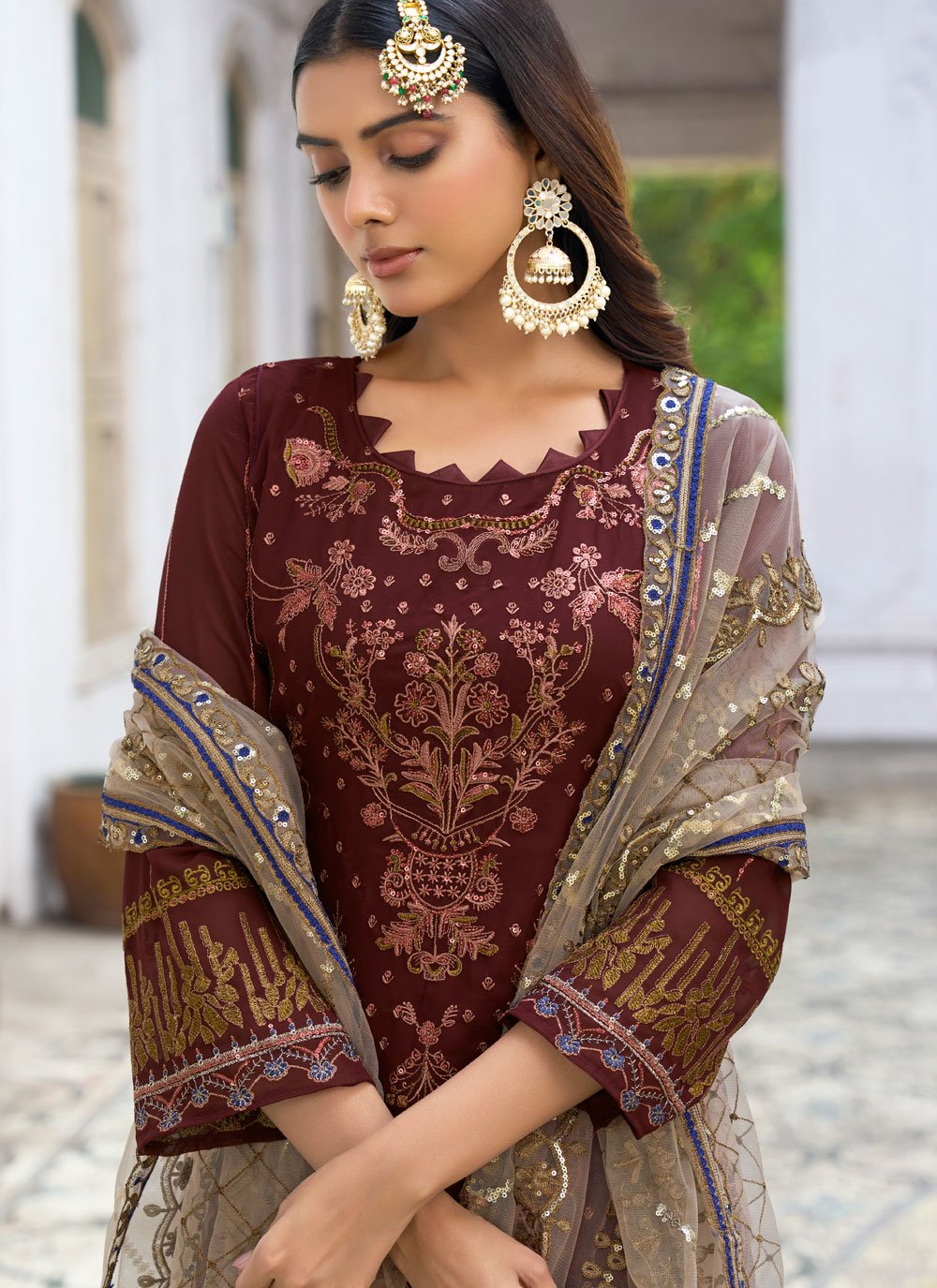 Pant Style Suit Faux Georgette Maroon Embroidered Salwar Kameez