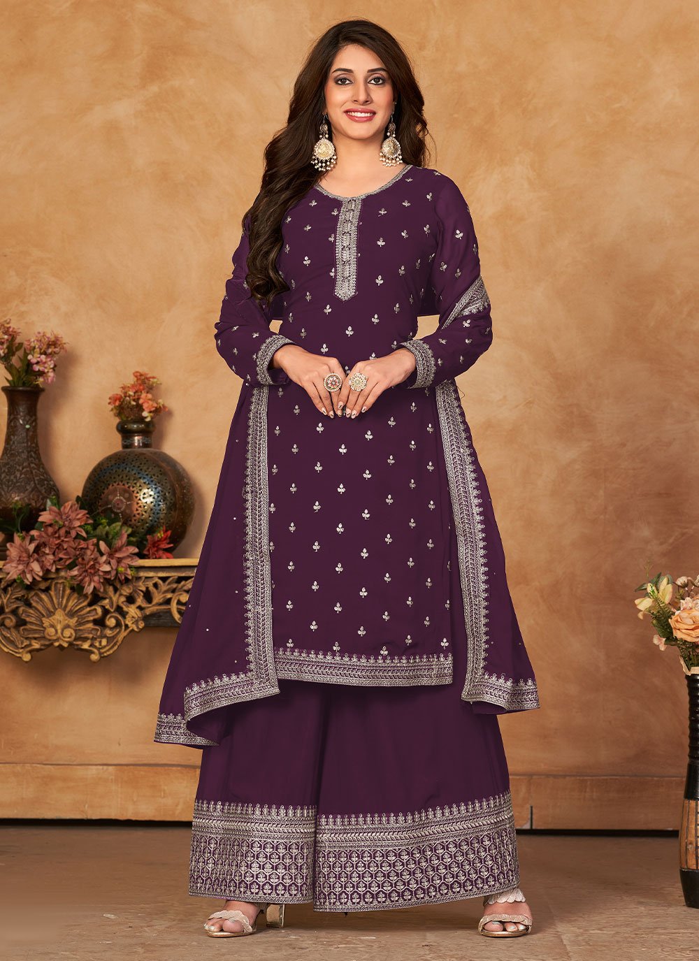 Palazzo Salwar Suit Faux Georgette Purple Embroidered Salwar Kameez