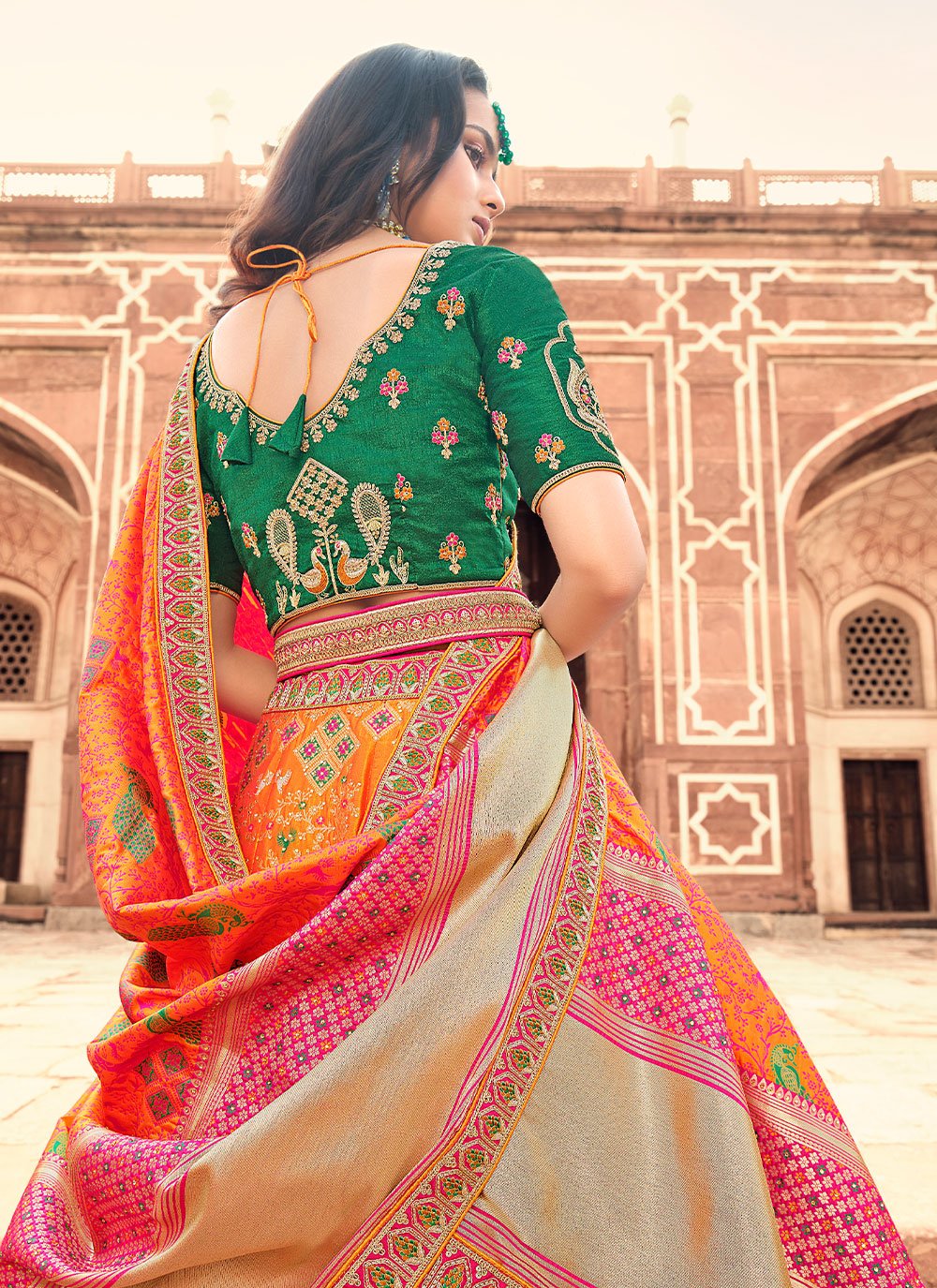 Lehenga Choli Silk Orange Pink Embroidered Lehenga Choli