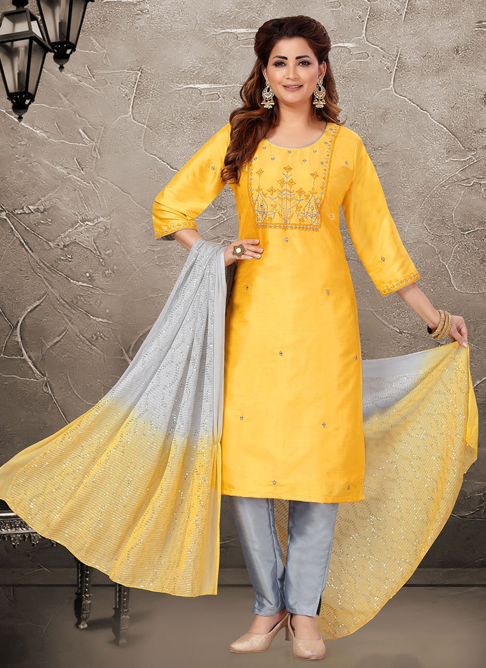 Pant Style Suit Silk Yellow Embroidered Salwar Kameez