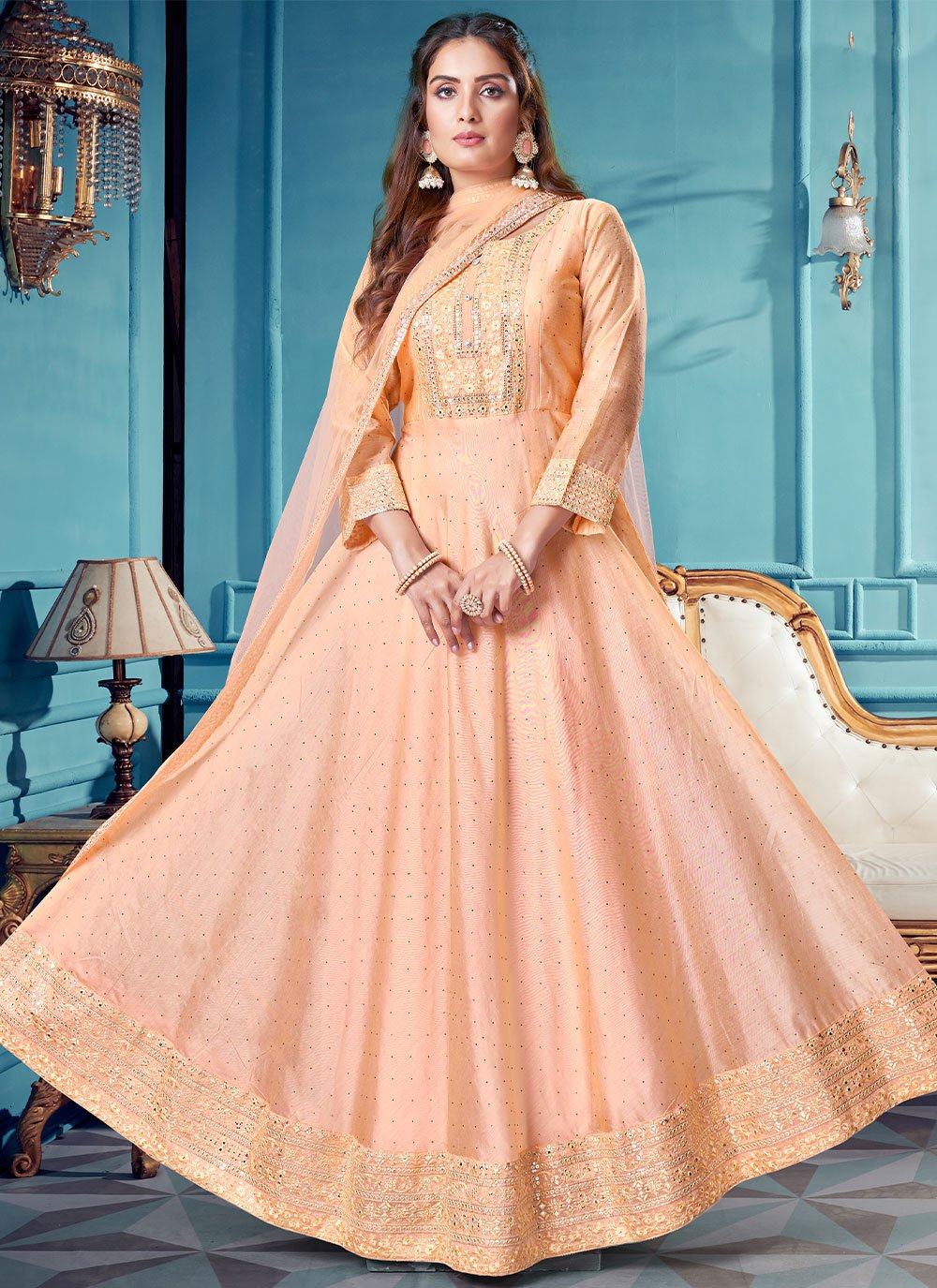 Salwar Suit Silk Peach Embroidered Salwar Kameez