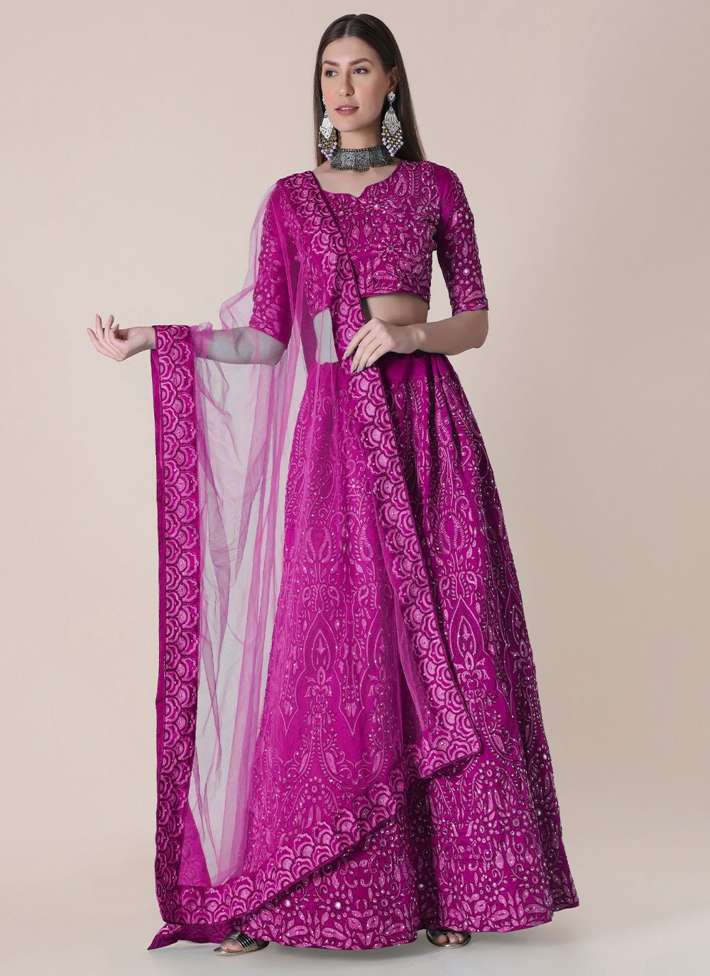 Lehenga Choli Tafeta Silk Purple Embroidered Lehenga Choli