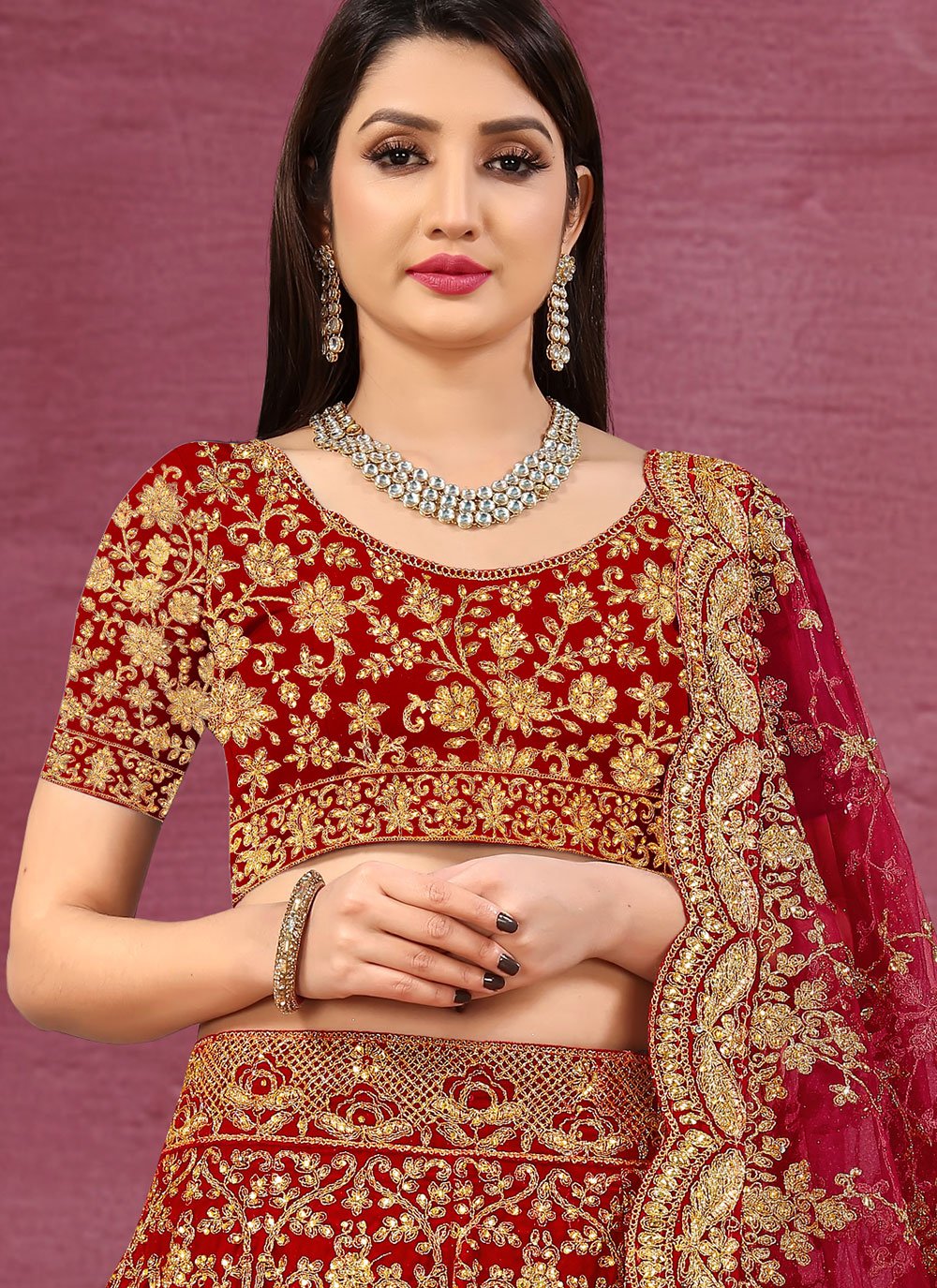 Lehenga Choli Velvet Red Embroidered Lehenga Choli