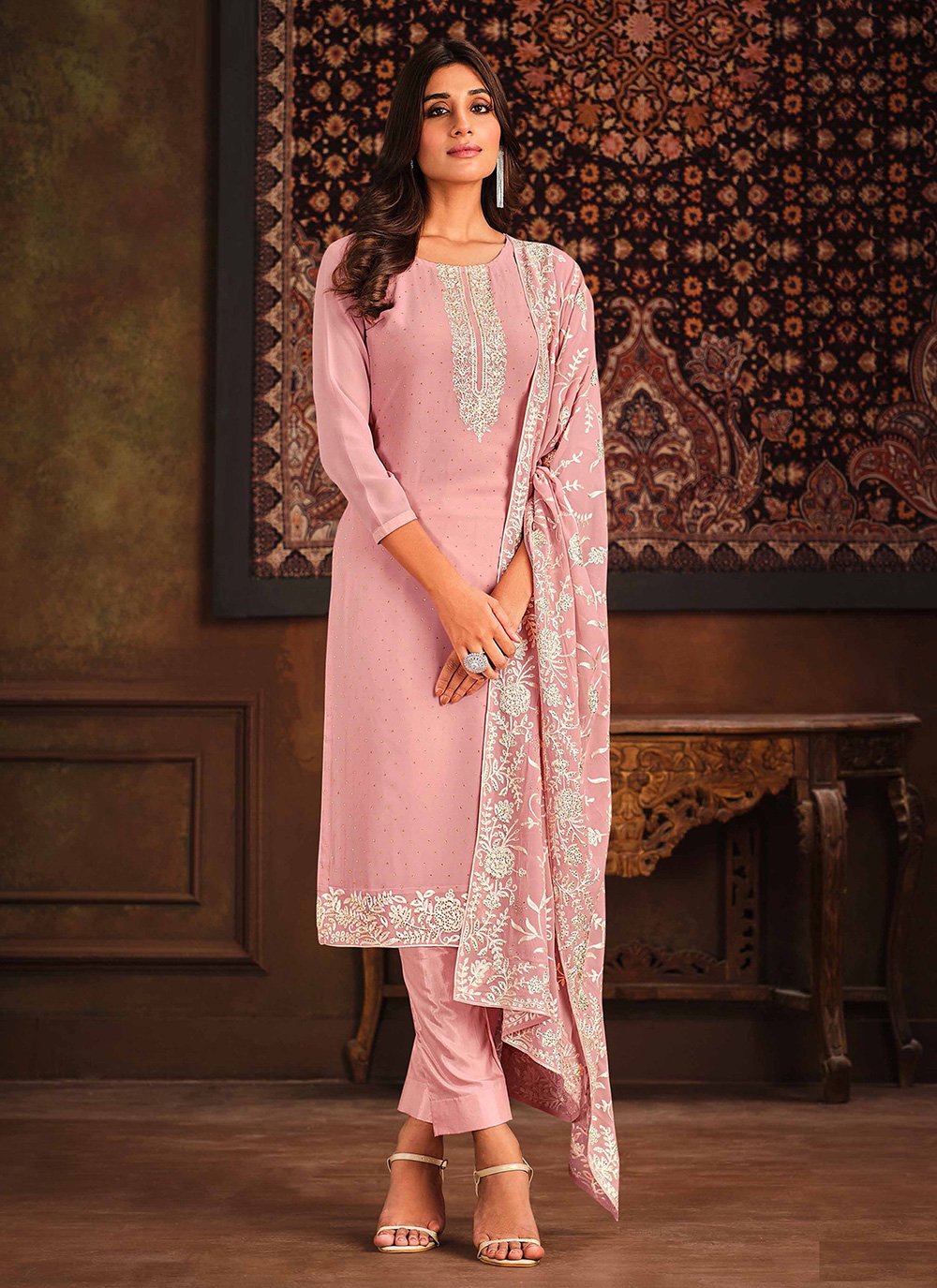 Designer Pakistani Salwar Suit Georgette Pink Embroidered Salwar