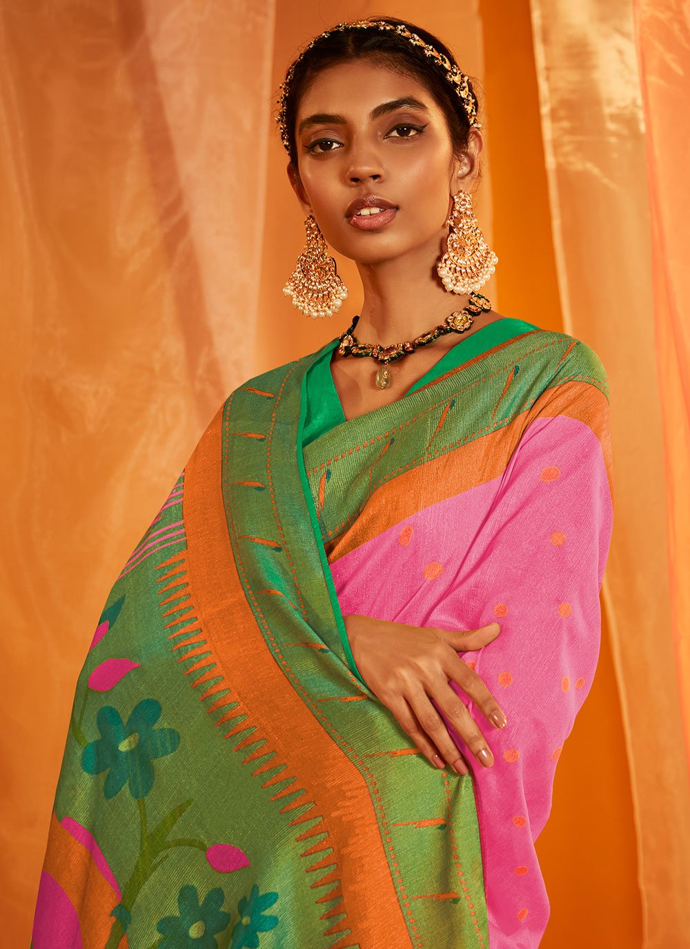 Contemporary Brasso Silk Pink Woven Saree