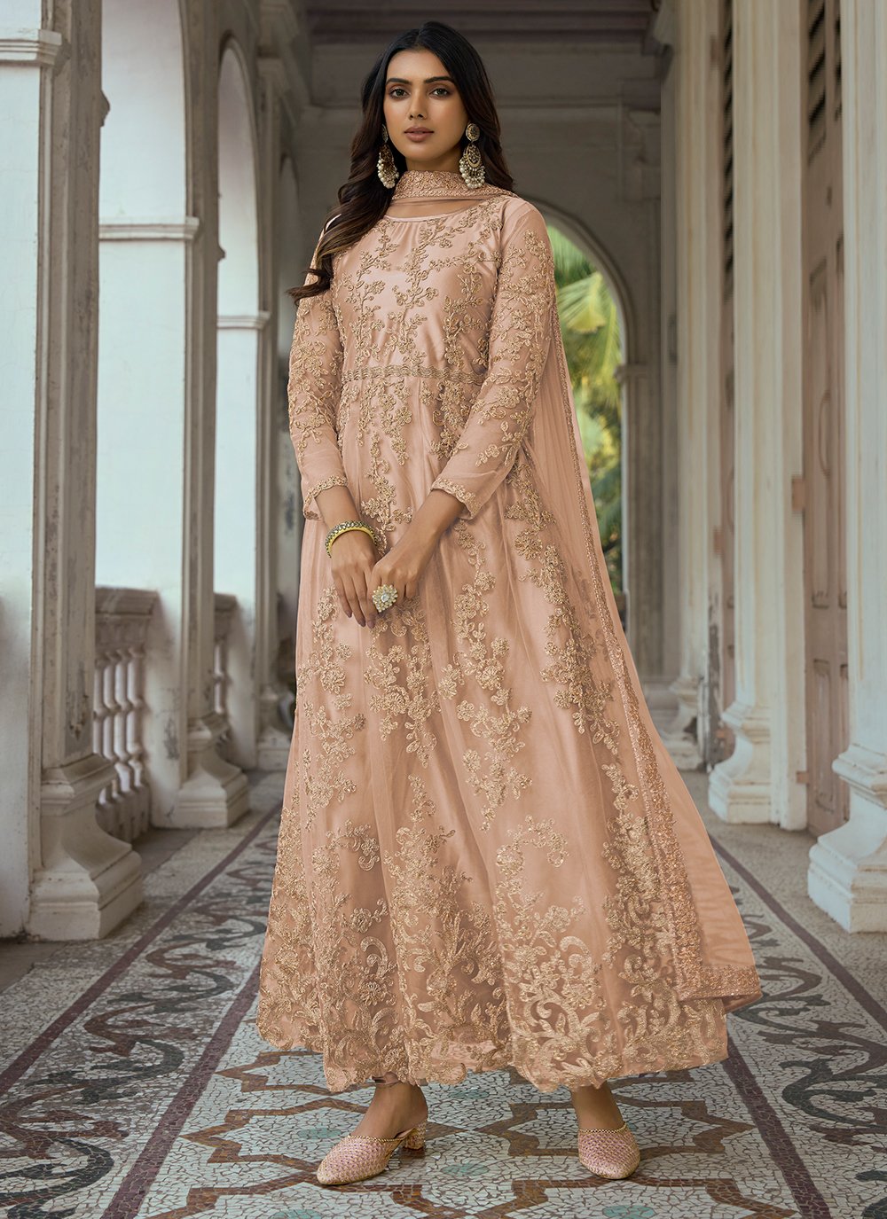 Anarkali Suit Net Pink Embroidered Salwar Kameez