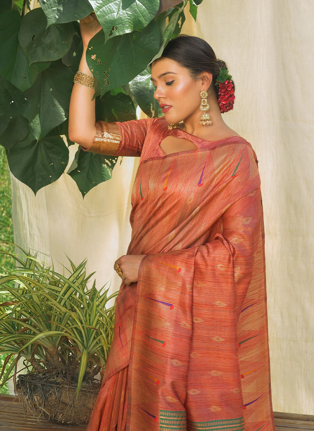 Contemporary Silk Rust Woven Saree