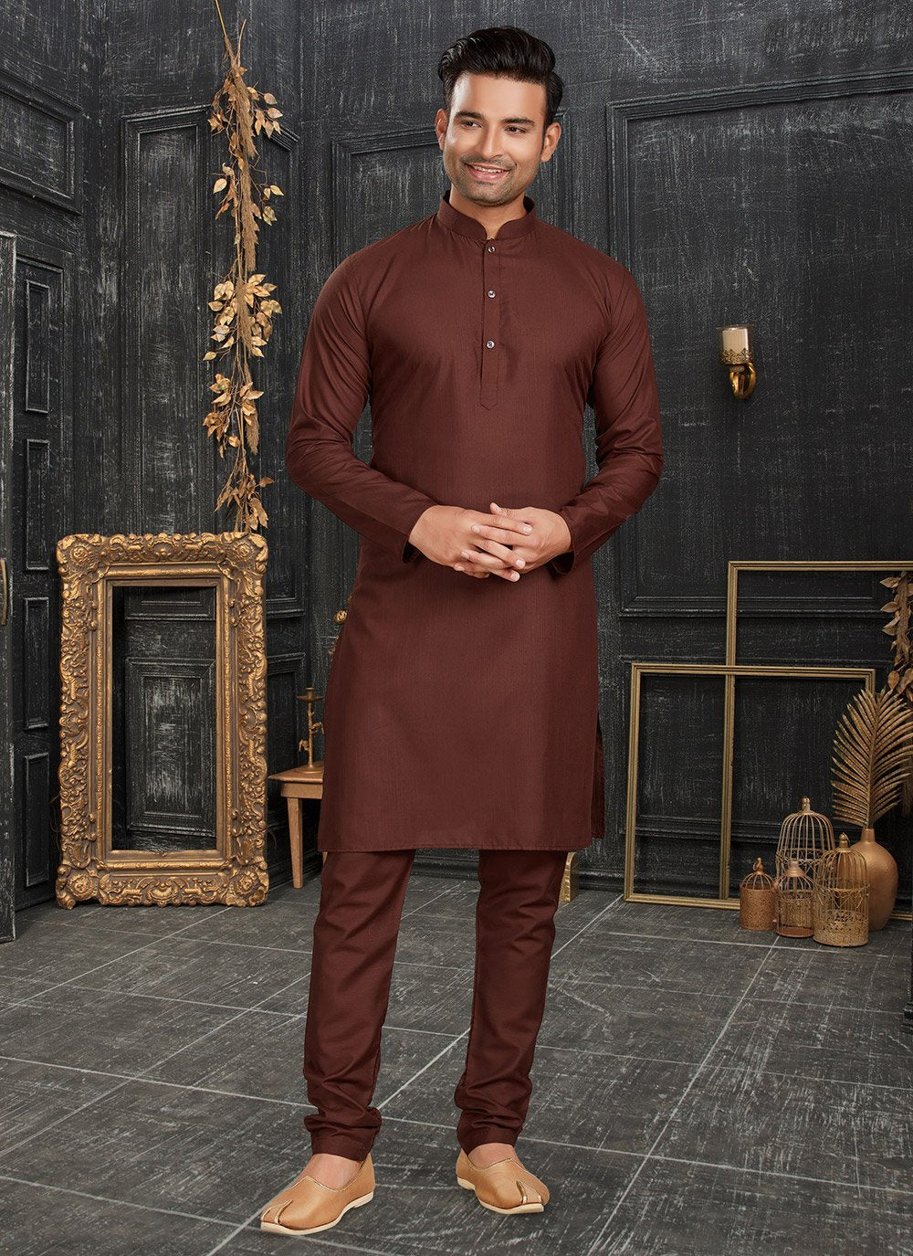 Kurta Pyjama Cotton Rust Plain Mens