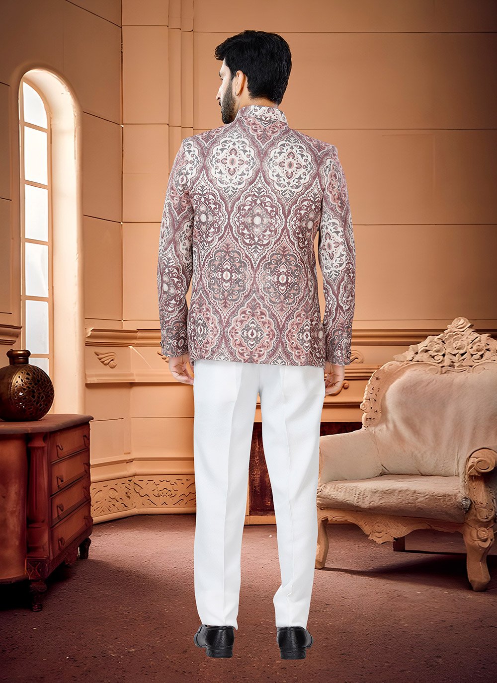 Jodhpuri Suit Jacquard Rust Print Mens
