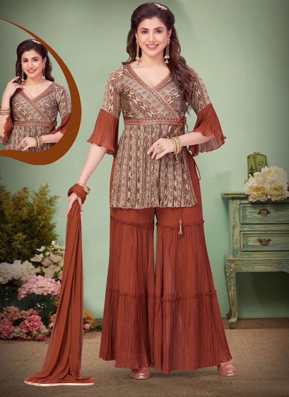 Palazzo Salwar Suit Georgette Rust Print Salwar Kameez – Kajols