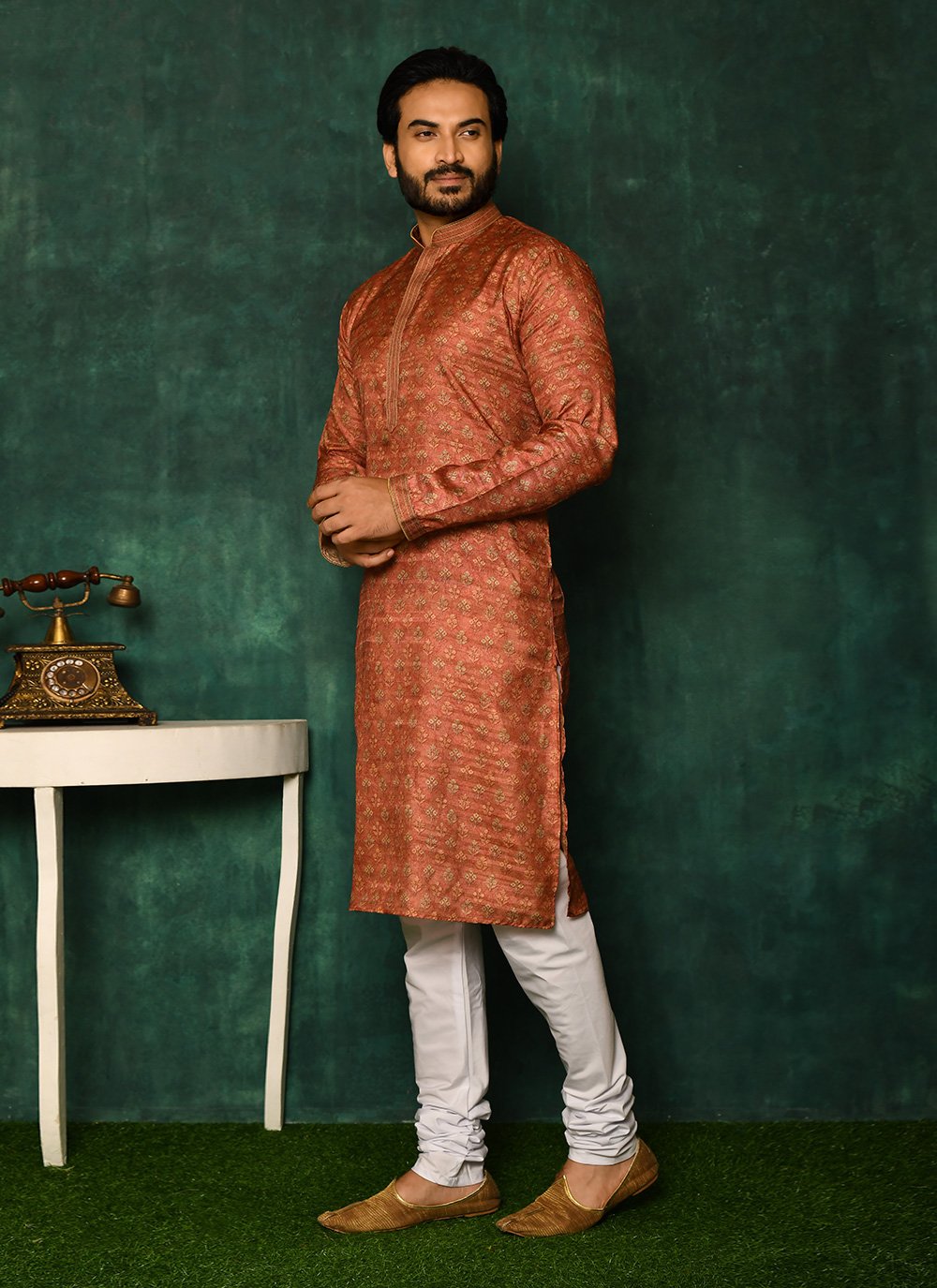 Kurta Pyjama Art Silk Rust Woven Mens