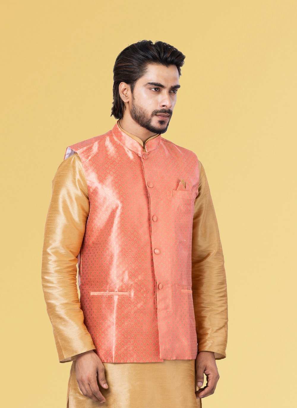 Nehru Jackets Jacquard Silk Pink Embroidered Mens