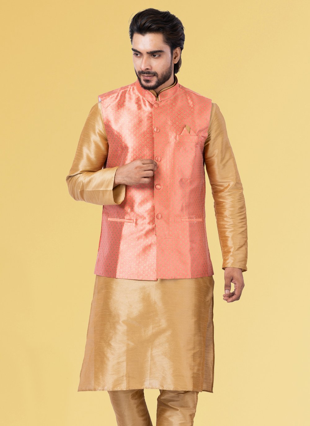 Nehru Jackets Jacquard Silk Pink Embroidered Mens