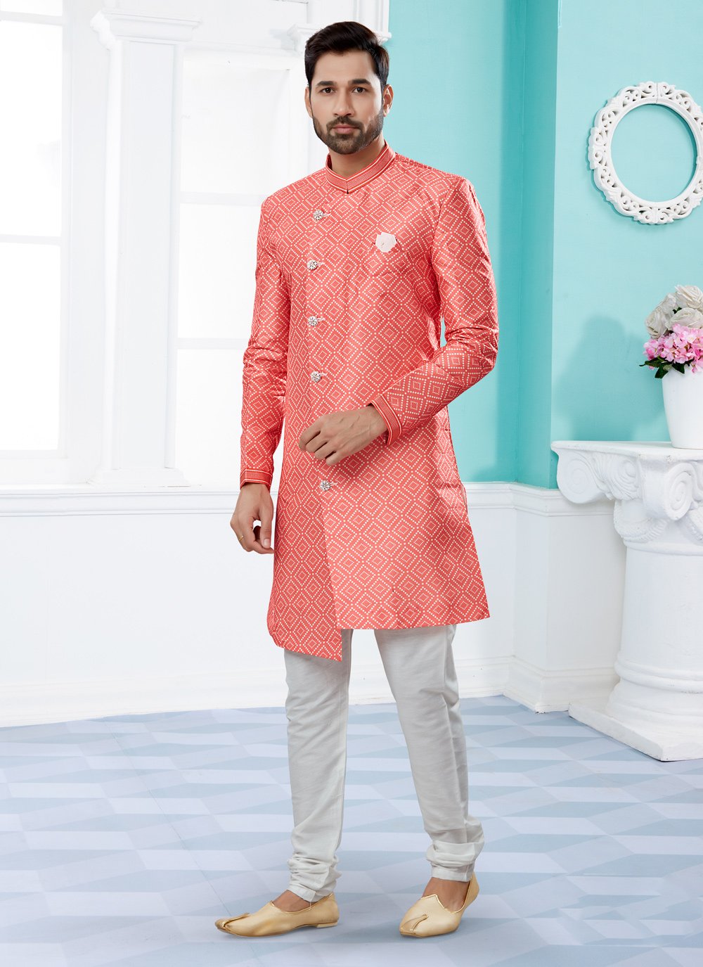 Indo Western Sherwani Jacquard Pink Digital Print Mens