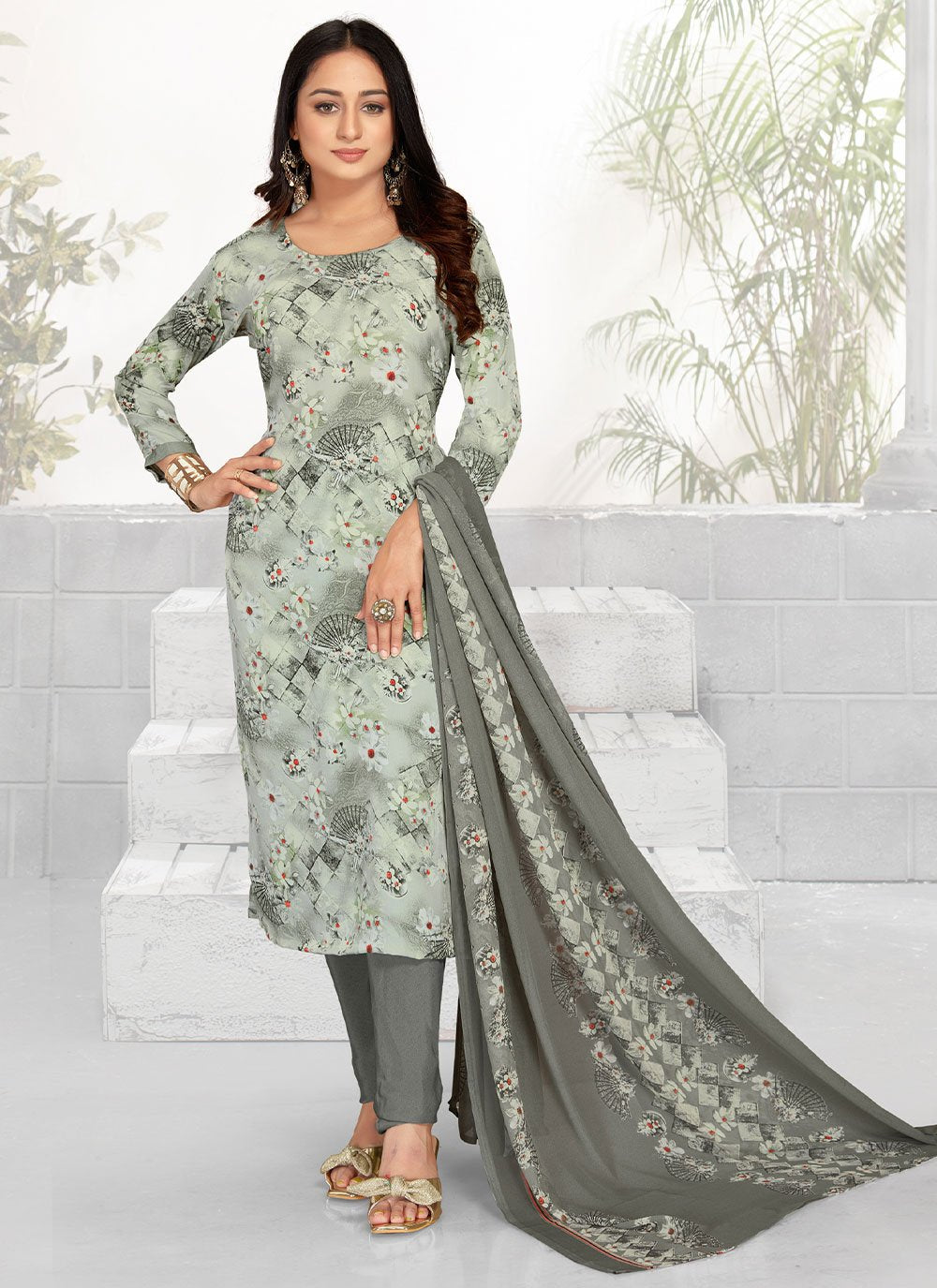 Salwar Suit Faux Crepe Mustard Floral Patch Salwar Kameez