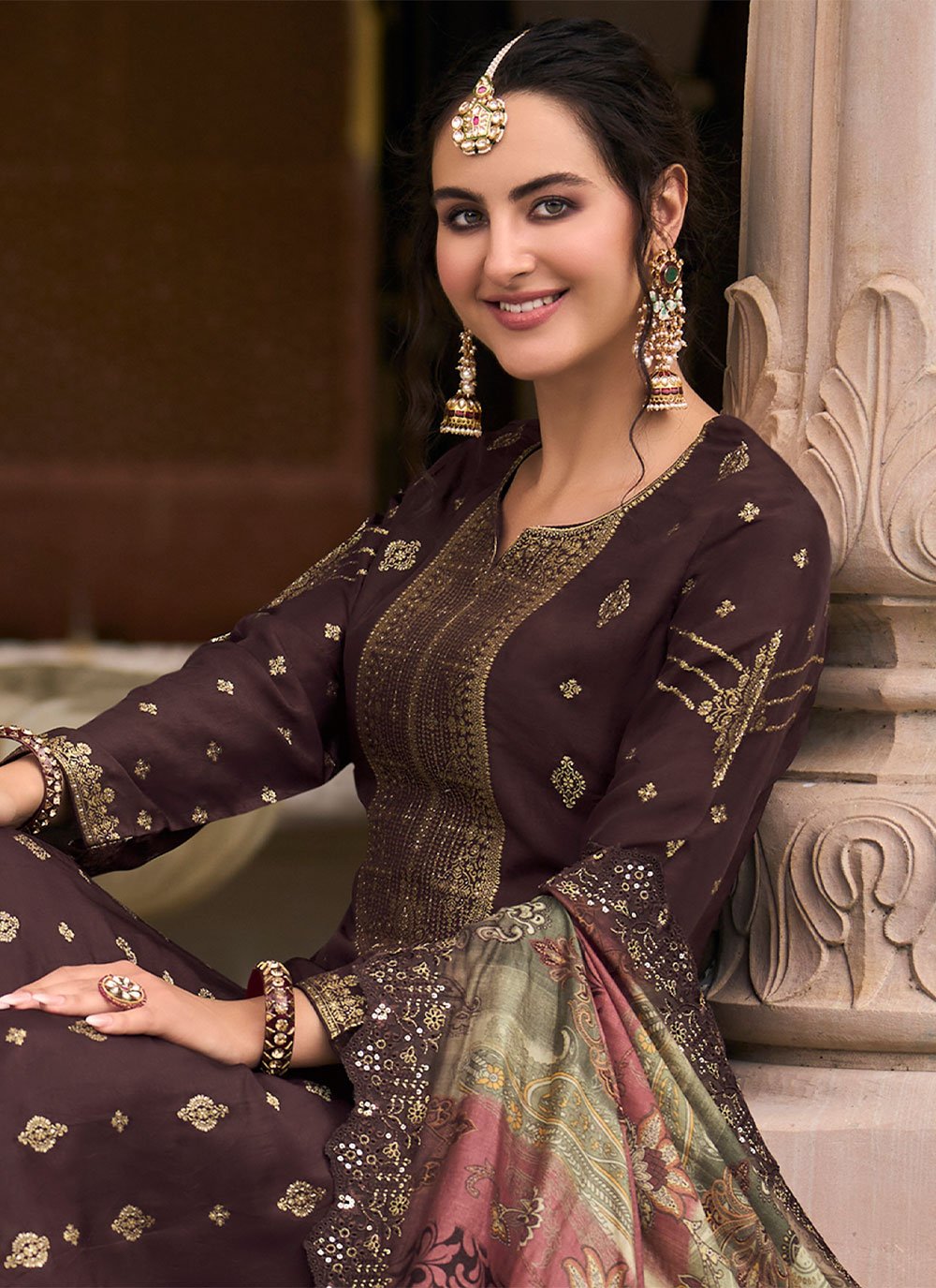 Salwar Suit Silk Brown Jacquard Work Salwar Kameez