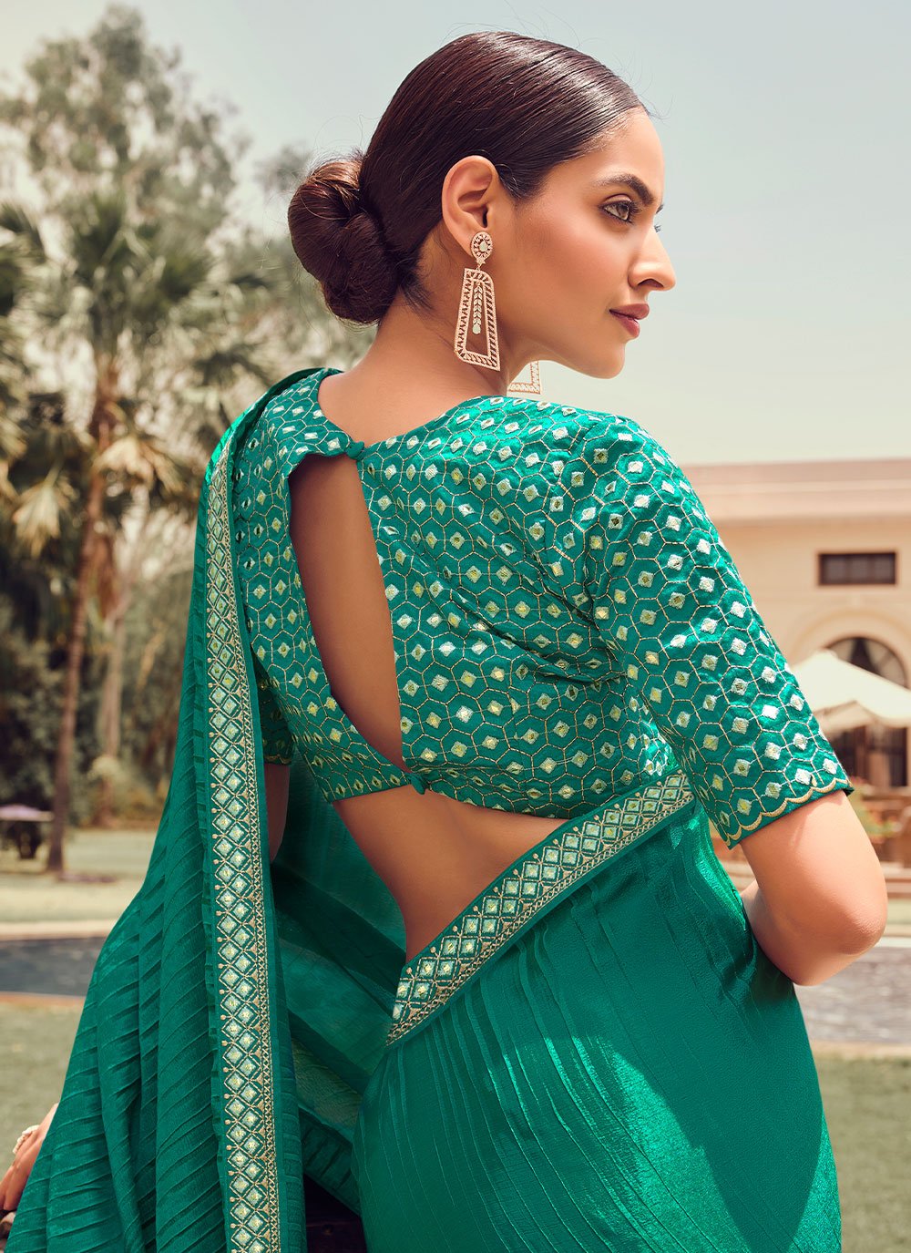 Trendy Saree Vichitra Silk Sea Green Embroidered Saree