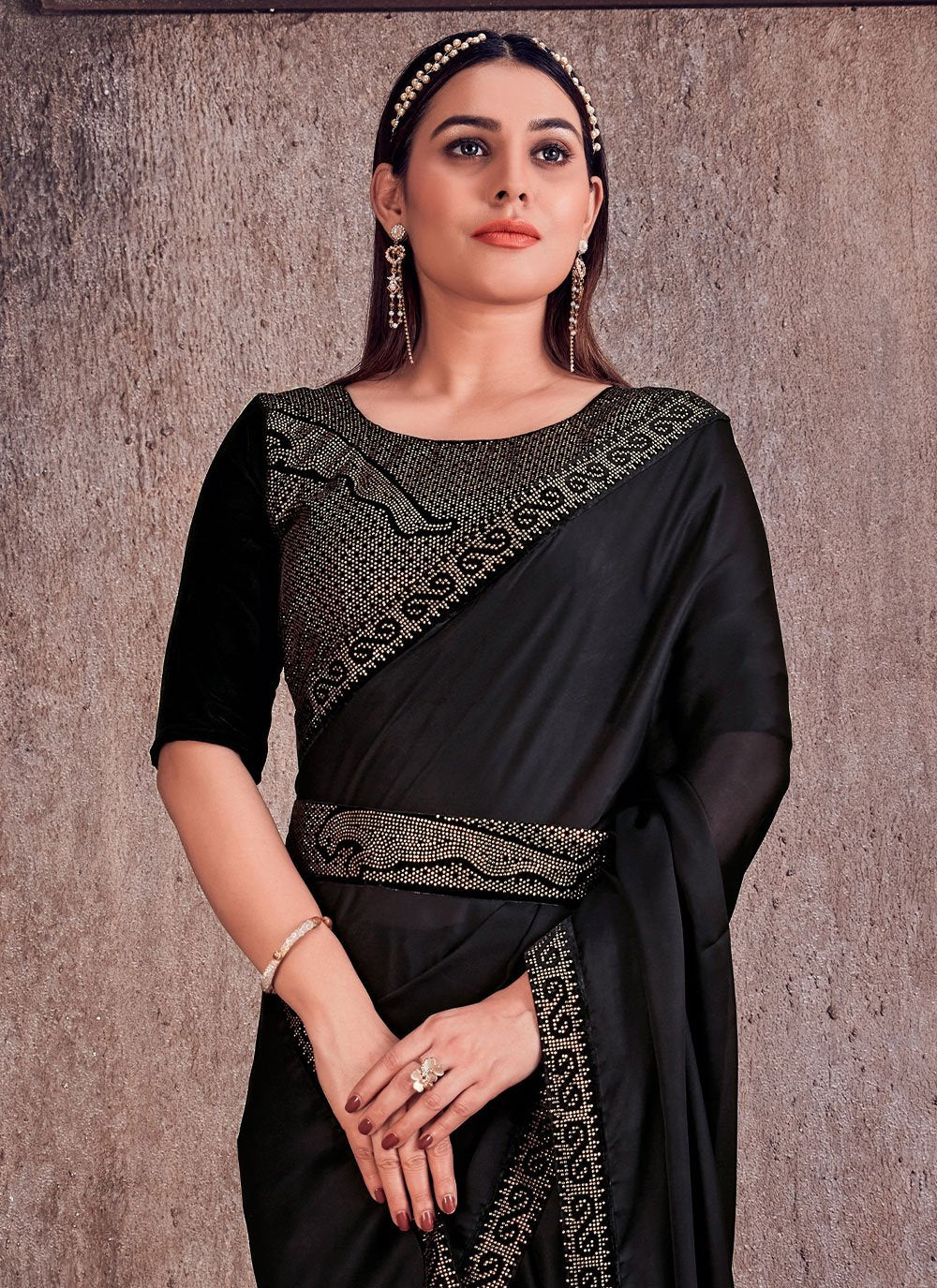 Classic Georgette Satin Black Lace Saree