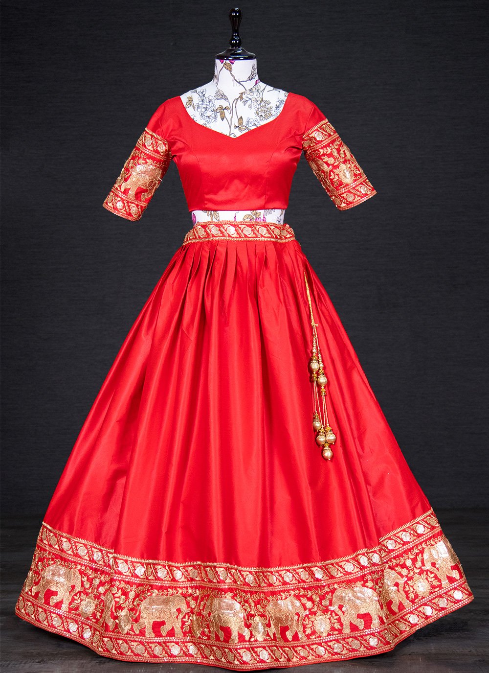 A Line Lehenga Satin Red Embroidered Lehenga Choli