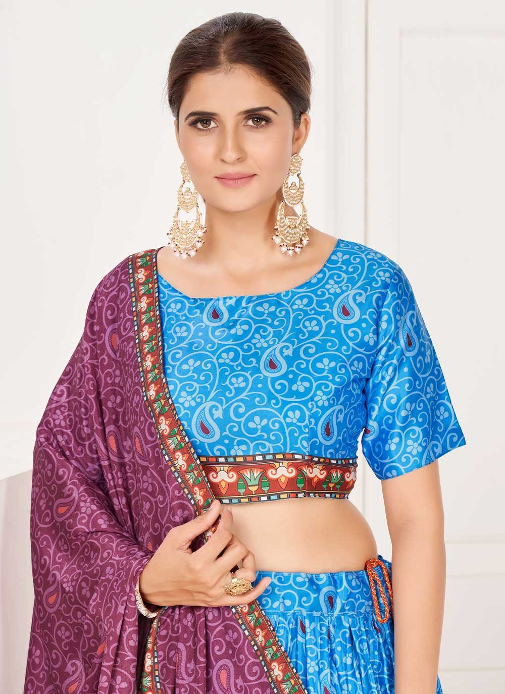 A Line Lehenga Satin Aqua Blue Digital Print Lehenga Choli