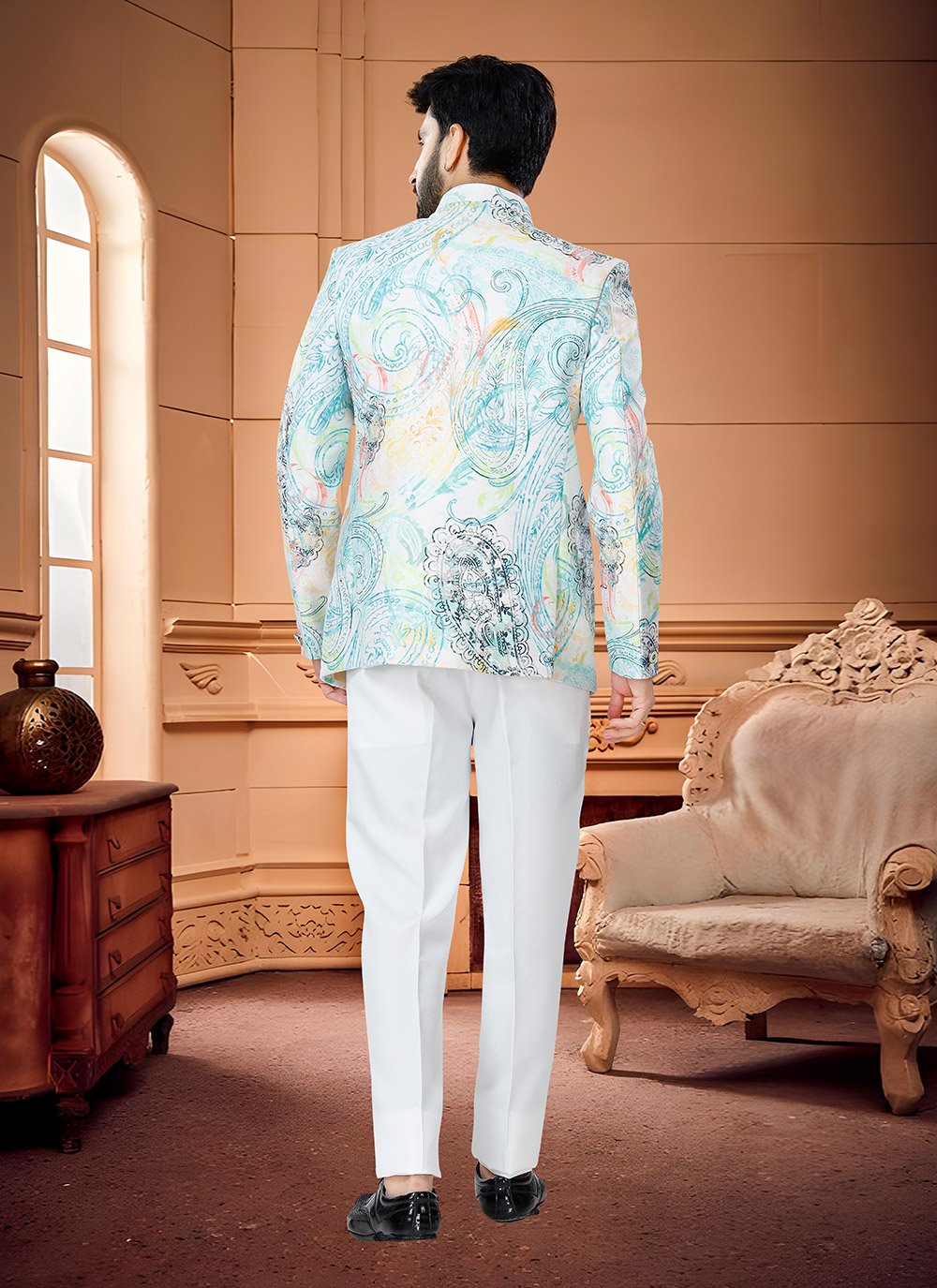 Jodhpuri Suit Satin White Print Mens