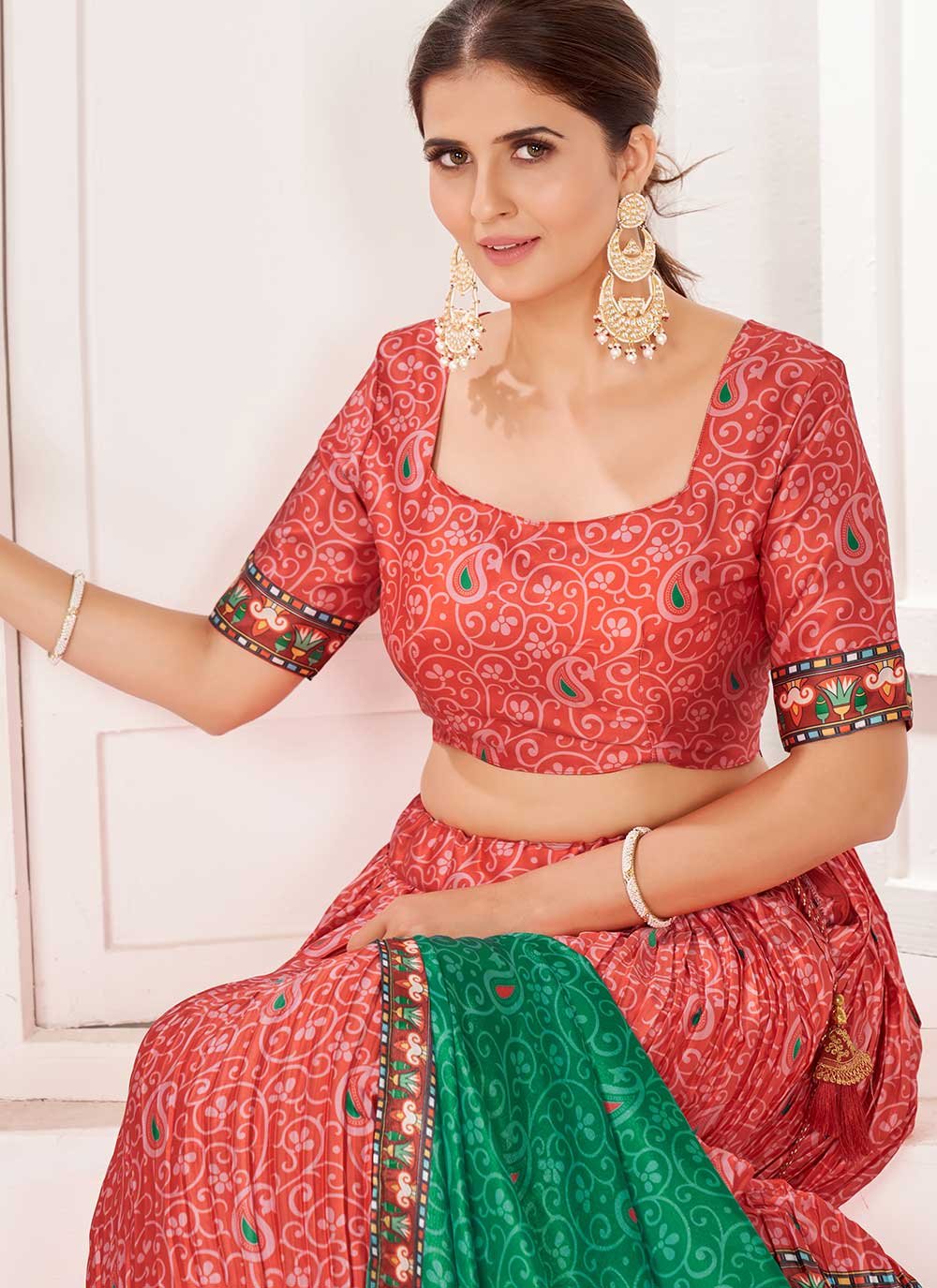 Lehenga Choli Satin Red Digital Print Lehenga Choli