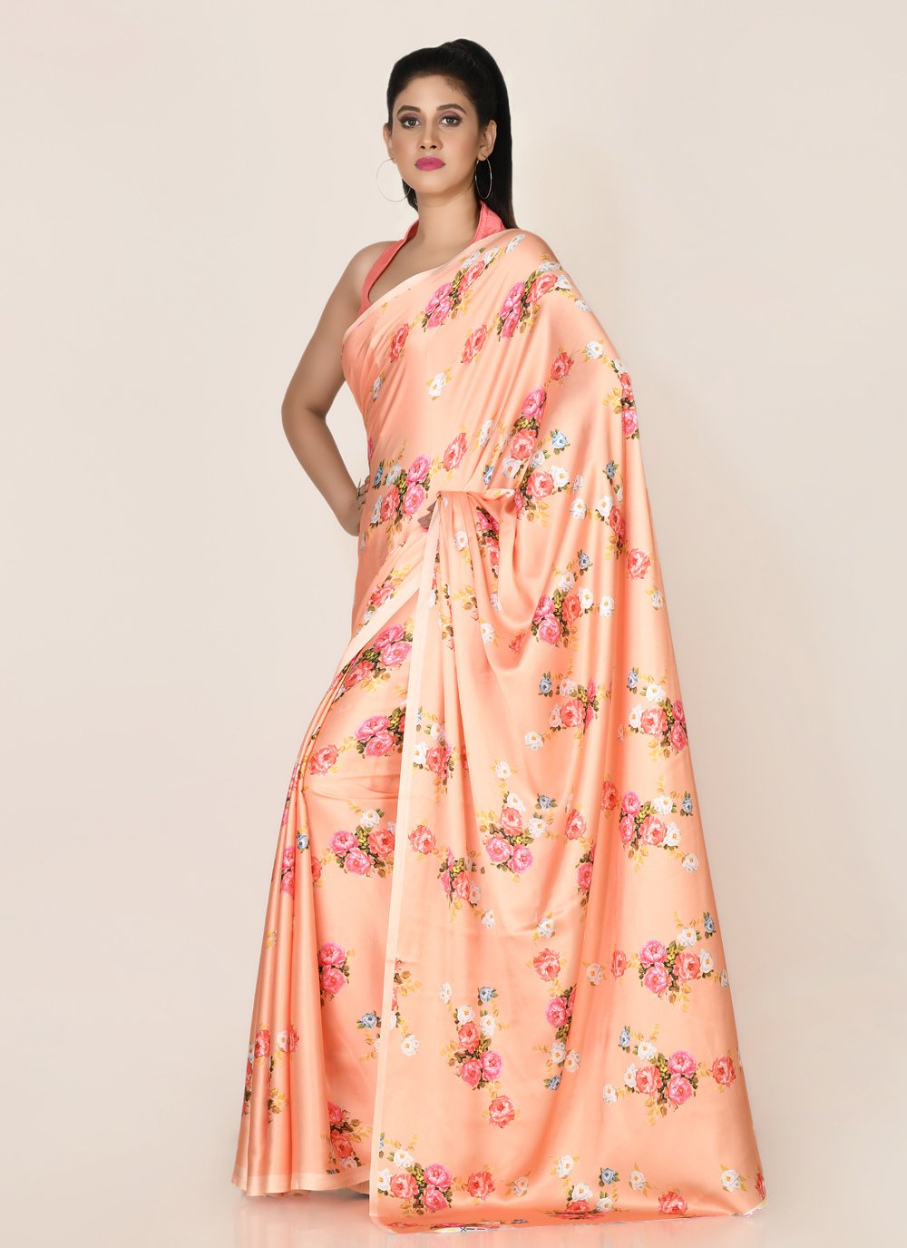 Designer Satin Peach Digital Print Saree
