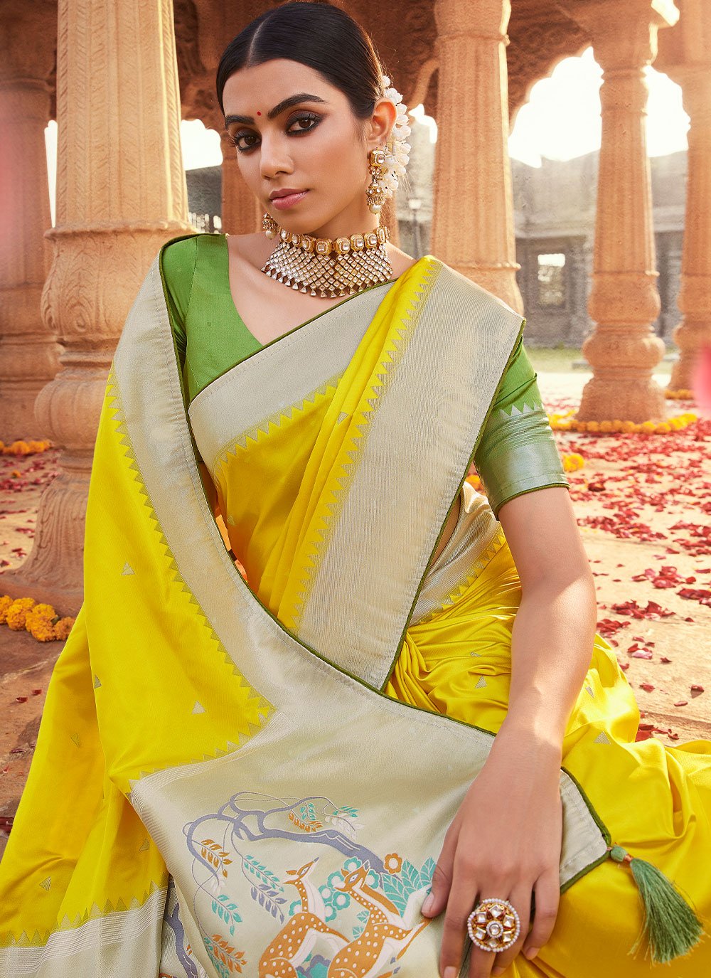 Classic Satin Silk Yellow Weaving Saree