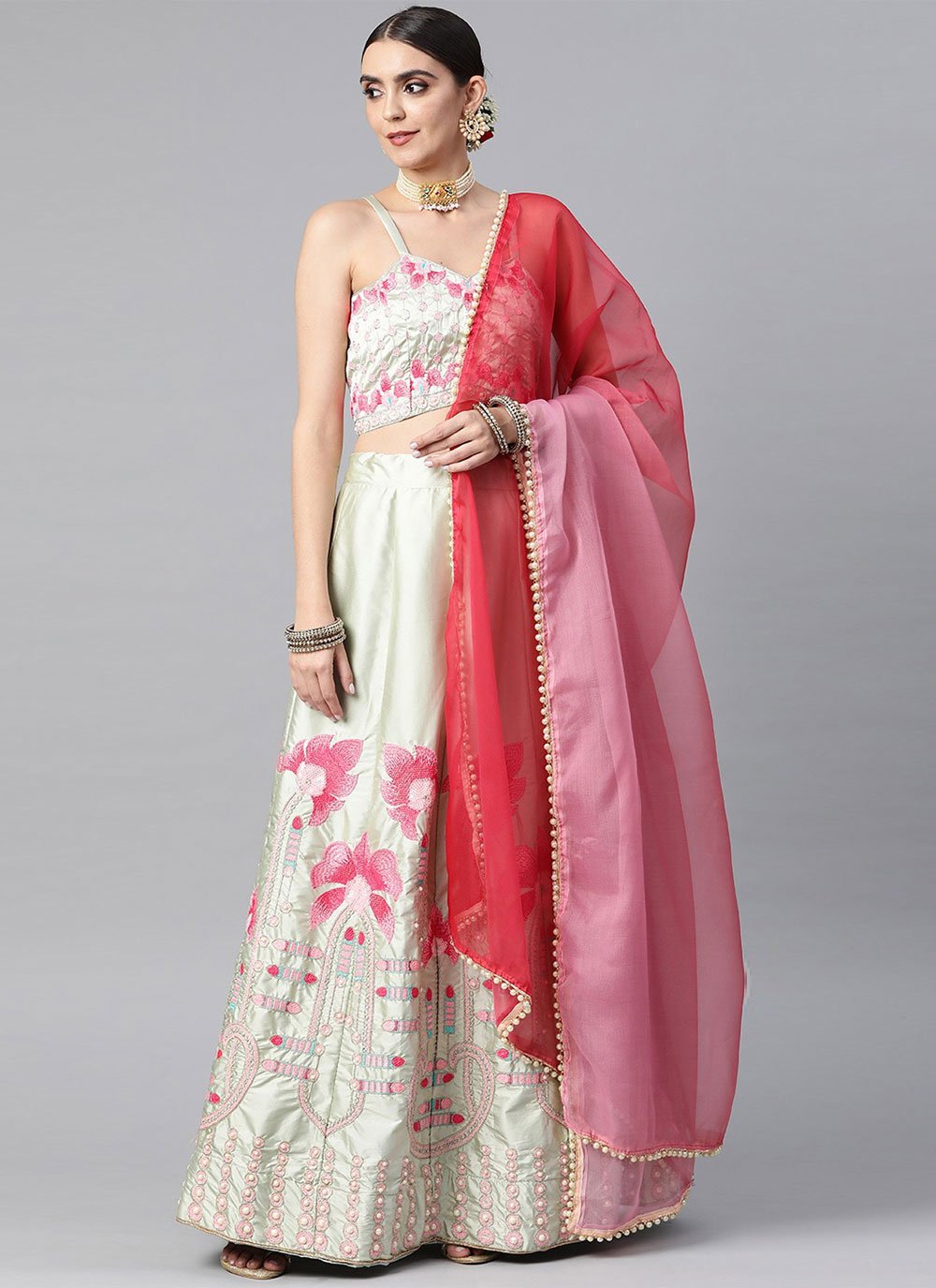 A Line Lehenga Satin Silk Sea Green Embroidered Lehenga Choli