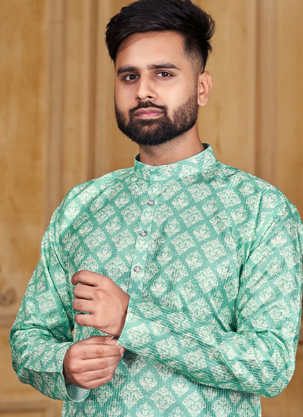 Kurta Banglori Silk Sea Green Print Mens