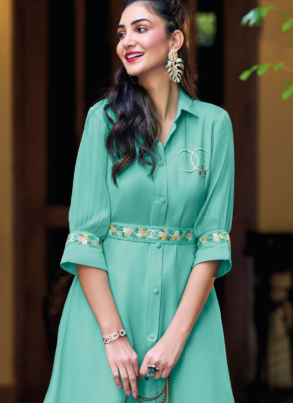 Casual Kurti Chinon Sea Green Embroidered Kurtis
