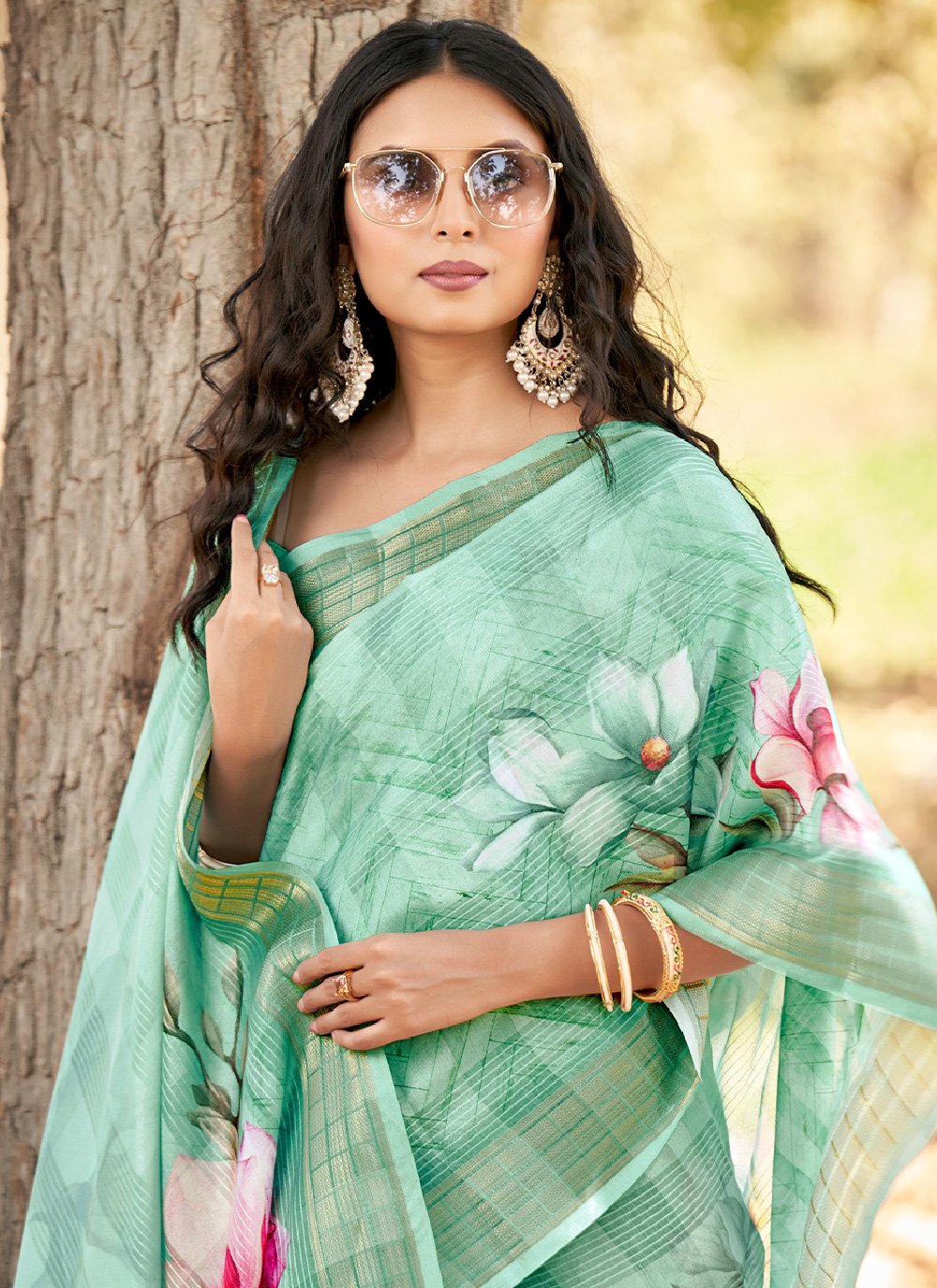 Classic Cotton Jacquard Sea Green Patch Border Saree