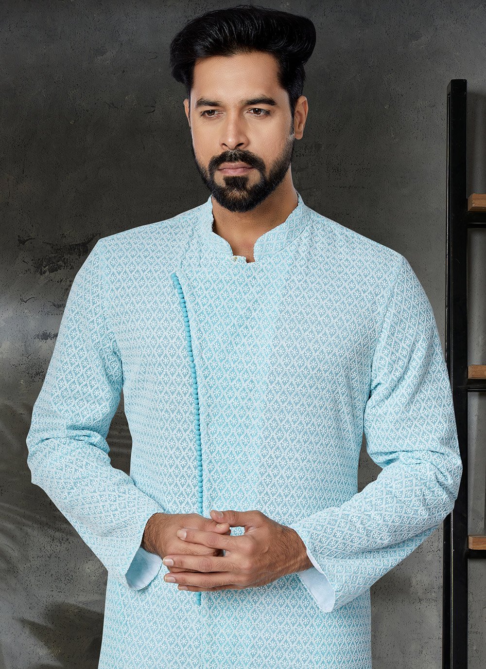 Kurta Pyjama Georgette Sea Green Embroidered Mens