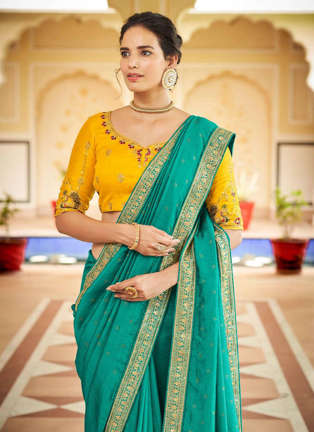 Trendy Saree Vichitra Silk Sea Green Dori Work Saree