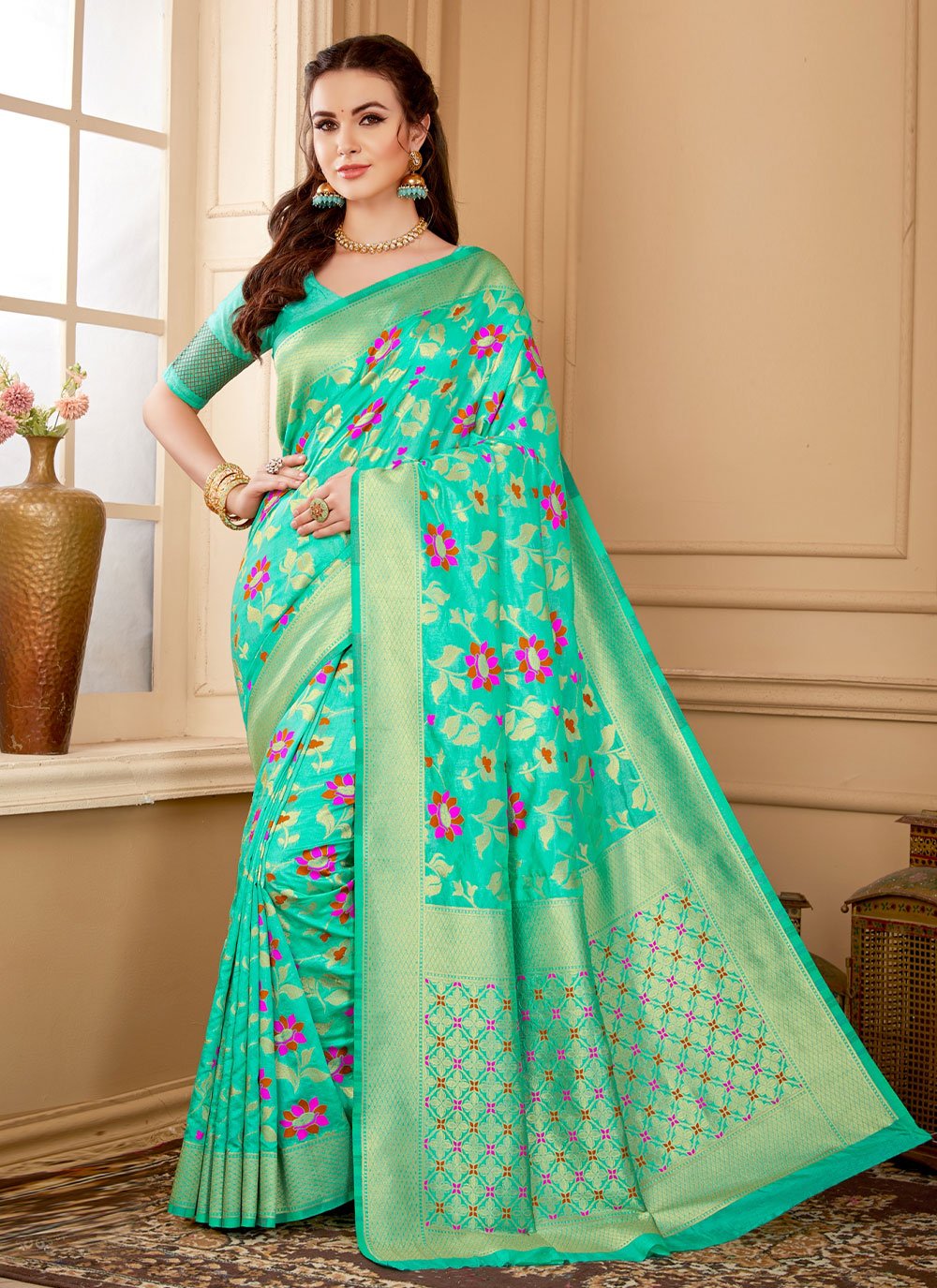 Trendy Saree Raw Silk Sea Green Weaving Saree