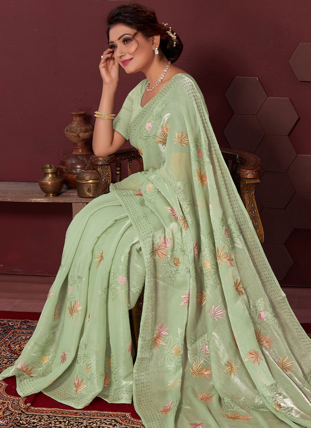 Trendy Saree Silk Blend Sea Green Embroidered Saree