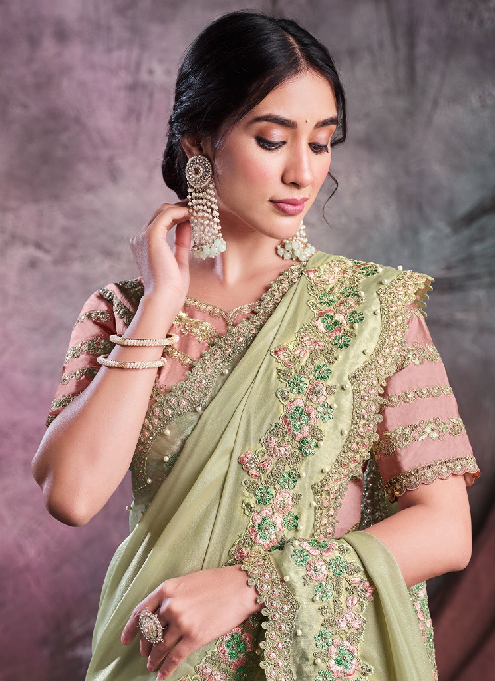 Trendy Saree Georgette Shimmer Silk Sea Green Cord Work Saree