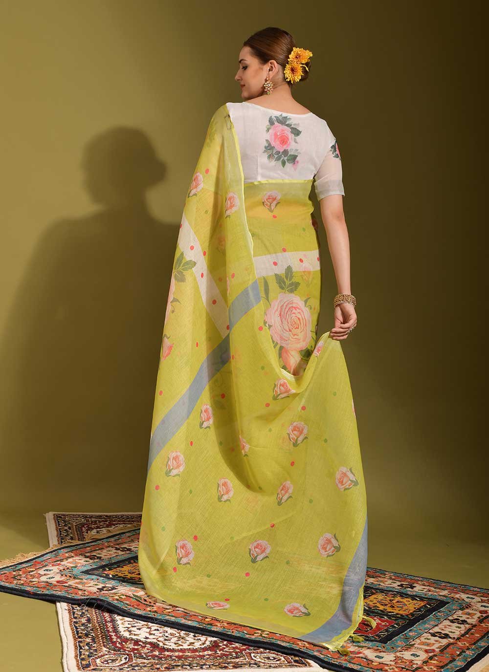 Classic Linen Sea Green Digital Print Saree