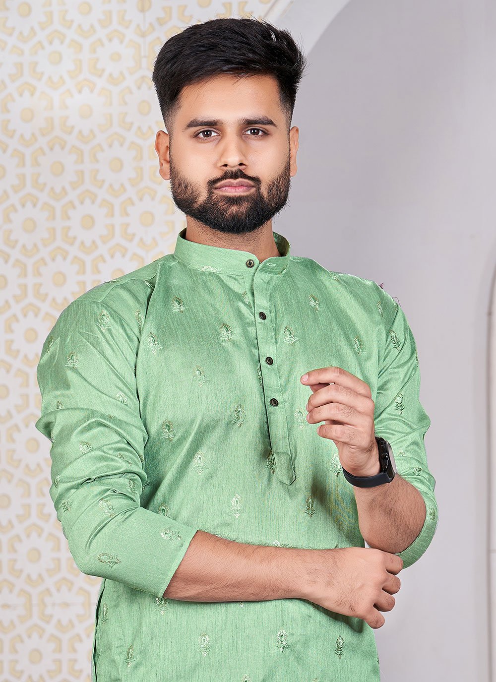 Kurta Banglori Silk Sea Green Embroidered Mens