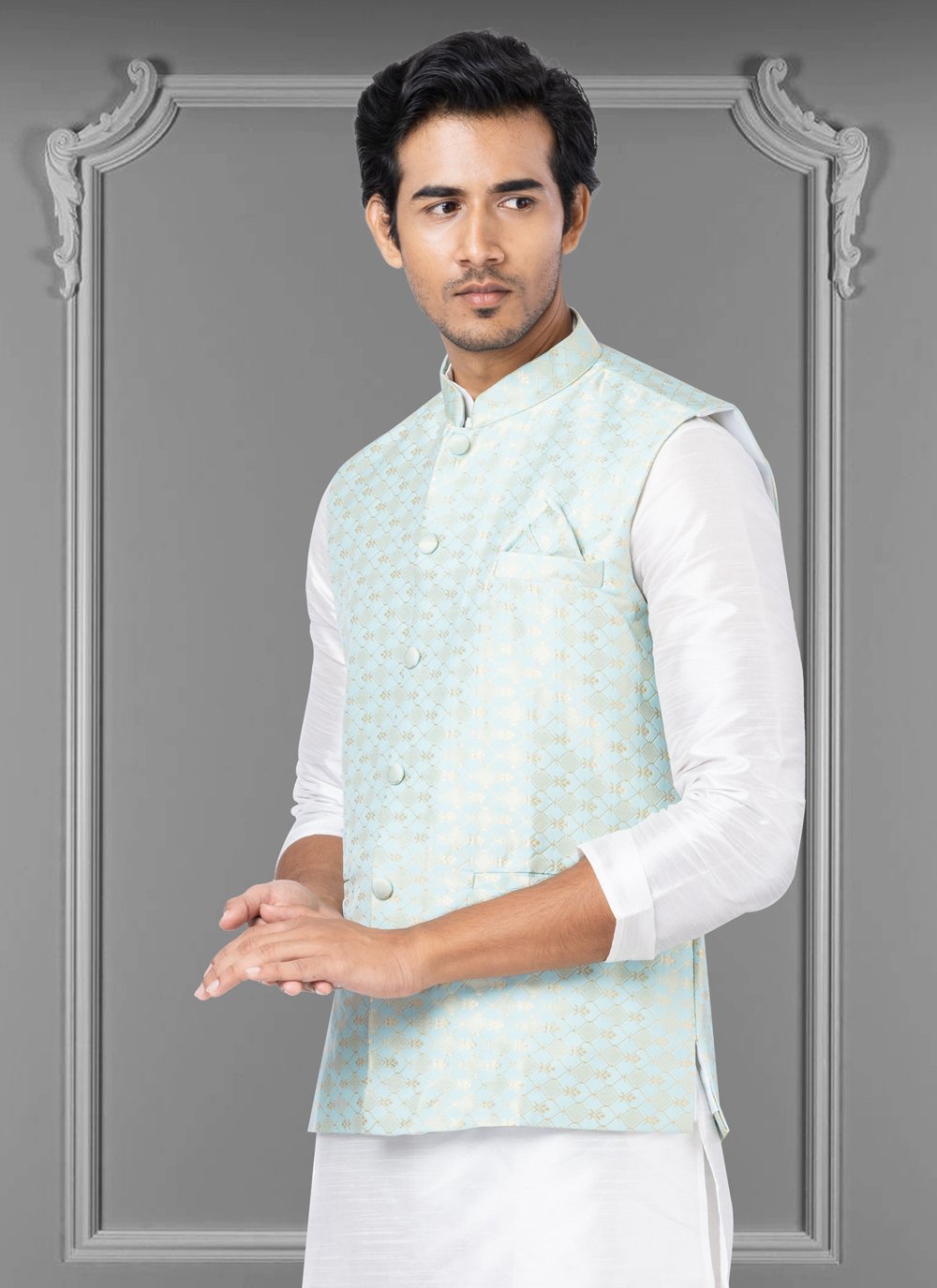 Nehru Jackets Jacquard Silk Sea Green Embroidered Mens
